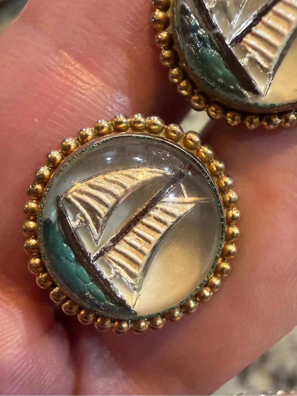 Vintage Gold Toned Reverse Carved and Painted Bubble Glass Sailboat Cuff Links